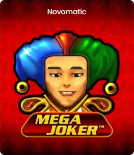 Logo of the slot game 'Mega Joker' featuring a colorful jester with green and blue hair and a wide smile