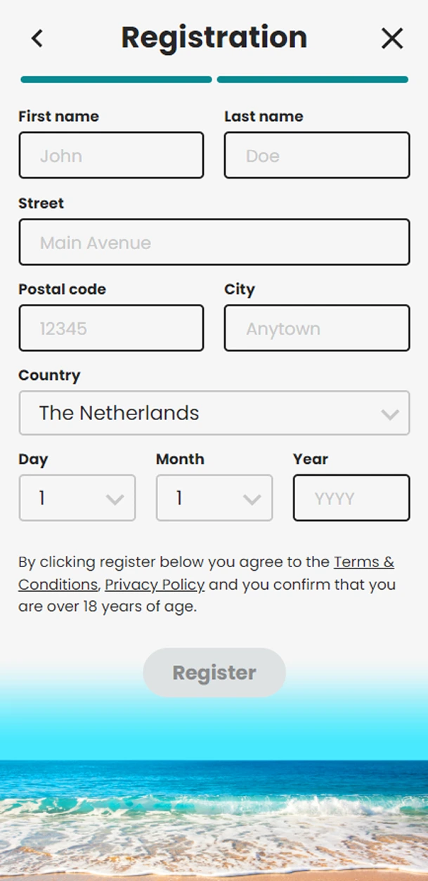 Online casino registration form with fields for postal code, city, country, date of birth, and terms acceptance