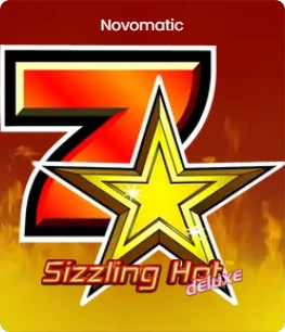 Logo of the slot game 'Sizzling Hot' featuring a large red number 7 and a yellow star